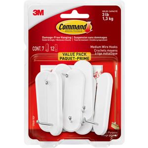 Command Medium Wire Hooks Value Pack, White, 7-Hooks, 12-Strips, Organize Damage-Free