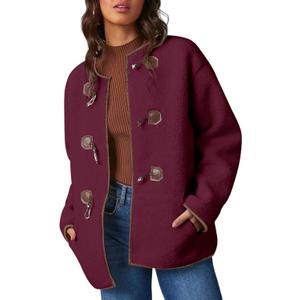 Dokotoo Womens Long Sleeve Jackets Fashion Faux Shearling Oversized Color Block Button Sherpa Jacket Coats (Large, Red)