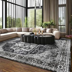 Area Rugs for Living Room - 5x7 Area Rugs, Machine Washable Rugs 5x7, Non-Slip, Stain Resistant Soft Boho Vintage Large Carpet Low Pile Thin Rugs for Living Room Bedroom (Black)