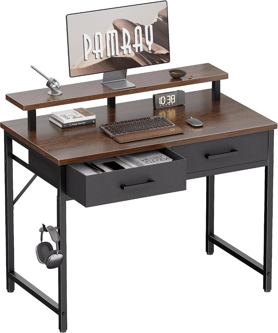 Pamray 32 Inch Small Computer Desk with Monitor Stand and 2 Drawers
