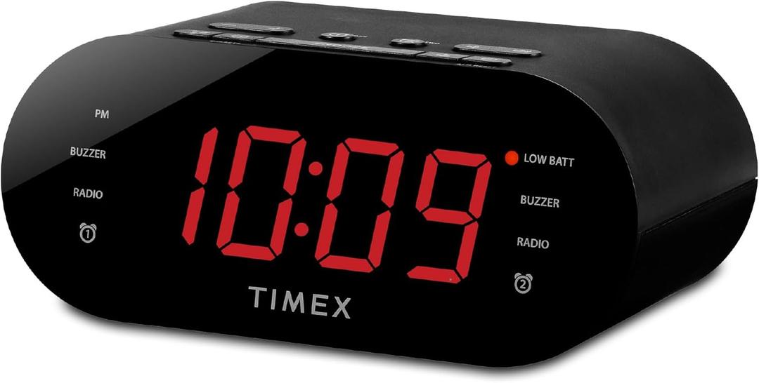 Timex Alarm Clock for Bedroom with FM Radio and 10 Station Presets, Clock Radio with Dual Alarms, Large Display, Sleep Timer, and Snooze  Black (T232B)