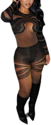 LXUAMR Sexy Jumpsuits for Women Print See Through Long Sleeve Jumpsuit Bodycon Mesh Jumpsuit Party Club Outfits 