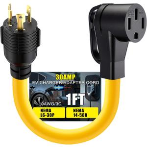 1FT NEMA L6-30P to 14-50R EV Adapter Cord 3 Prong 30 Amp L6-30 Locking Male Plug to 4 Prong 50 Amp 14-50 Female Receptacle Charger Adapter Cord with Handle, STW 10 AWG/3C, ETL Listed