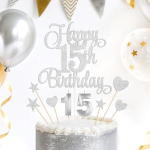 Silver Happy 15th Birthday Cake Decorations, Glitter 15th Birthday Cake Toppers Set and Numeral 15 Candles for Birthday Party Supplies, Heart Star Cupcake Decorations