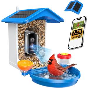 Smart Bird Feeder with Camera 2.5K QHD, AI Identify 16000+ Birds, Auto-Capture & Motion Detection, IP65 Waterproof, 5W Solar Panel, 140 Field of View, Bird Watching Gift