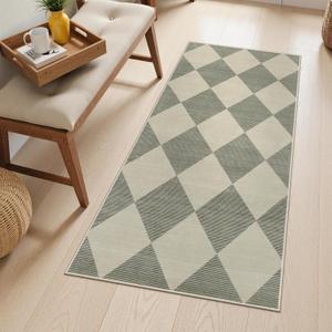 Beeiva Checkered Rug Runners for Hallways Non Slip, 2x4 Washable Runner Rug for Kitchen Ultra Thin Green Entryway Runner, Gingham Diamond Decor Farmhouse Throw Carpet for Bathroom Laundry, Green/Grey