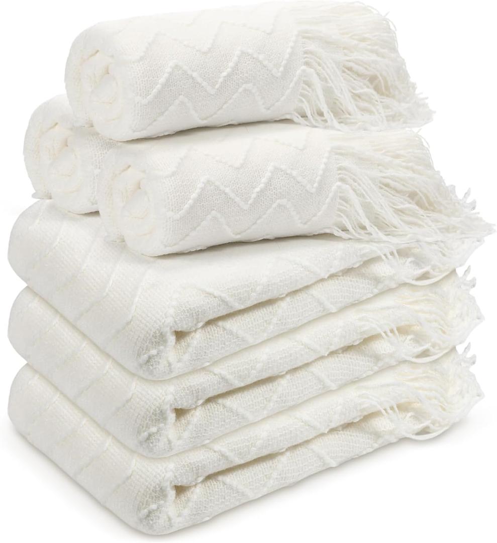 Buryeah 6 Pack Knitted Throw Blankets with Tassels 50 x 60 Inch Boho Soft Warm Rhombus Textured Blankets for Wedding Guests Birthday Party Employee Teacher Volunteer Appreciation Gifts (White)