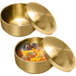 Stainless Steel Rice Bowl with Lid, Set of 2, for Korean Kitchen Restaurant, Double-walled Metal Bowls, Multi-Purpose Insulated Soup Bowls Snacks Bowls (10.5cm Gold)