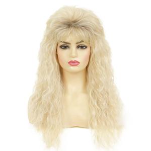 Blonde Long Curly Wig for Women 70s 80s Rocker Punk Wigs with Bangs Cosplay Halloween Costume Party Wigs