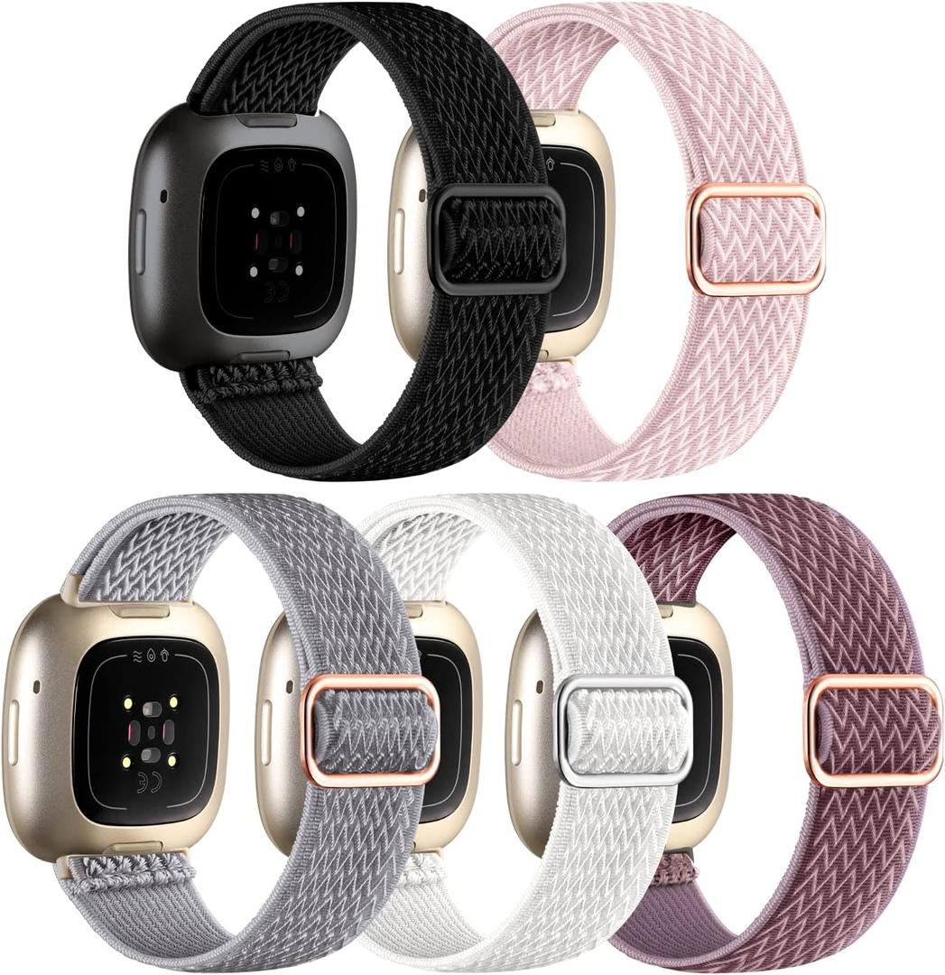 Adorve Compatible with Fitbit Versa 3/Fitbit Versa 4 /Fitbit Sense/Sense 2 Bands for Women Men, Adjustable Stretchy Solo Loop Elastic Nylon Sport Strap for SmartWatch Replacement (Black/White/Rose Pink/Gray/Smokey Mauve)
