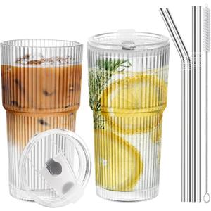 Iced Coffee Cups with Lids and Straws20 OZ Glass Cups with Lids and Straws, Clear Ribbed Glass Tumbler Reusable Drinking Glasses for Matcha, Smoothie, Cocktail,Latte, 2 Pcs
