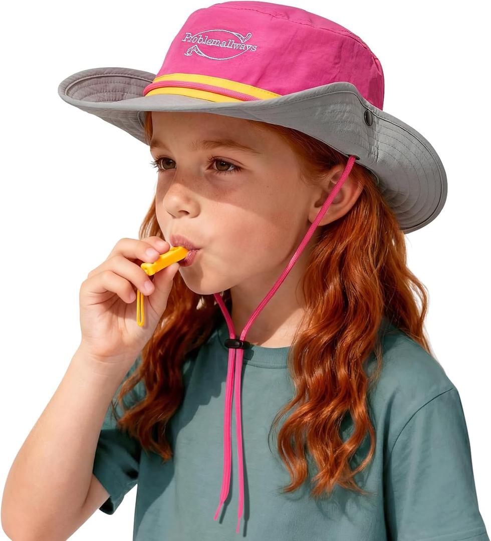 Outdoor Kids Sun Hat with Whistle,UPF 50+ Adjustable Wide Brim Bucket Hat for Boys Girls Beach UV Block Cap, 29