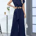 Gardenwed Women's Two Piece Outfit Set, Short Sleeve V Neck Crop Top with Tie Front and Wide Leg Pants (Blue, L)