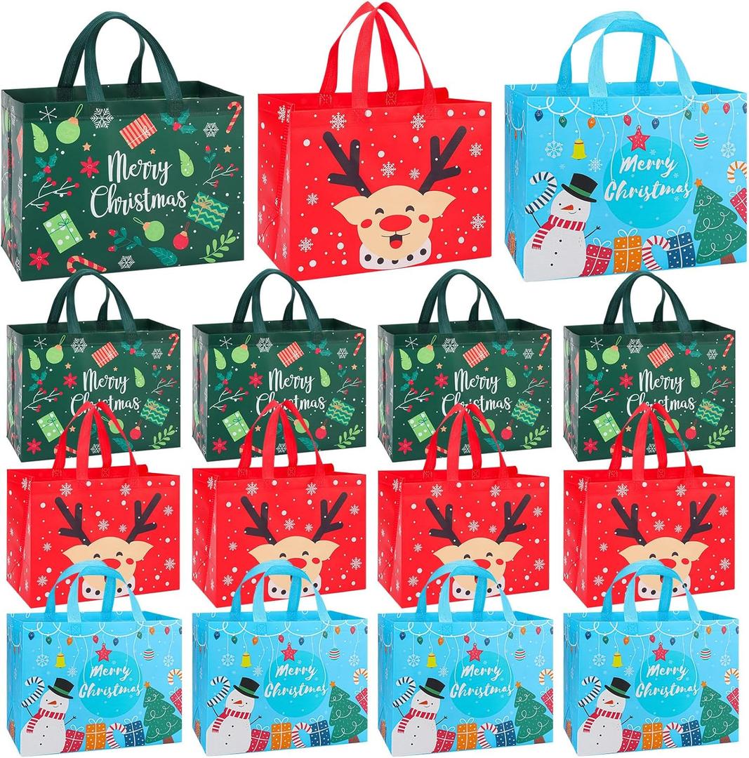 YALTOON 15 Pack Large Christmas Gift Bags Bulk, Heavy Duty Reusable Tote Bags with Handles, Non-Woven Christmas Bags for Gifts, Holiday Shopping, Xmas Party Favors, 15pcs L 16.9" x12.6x7.1