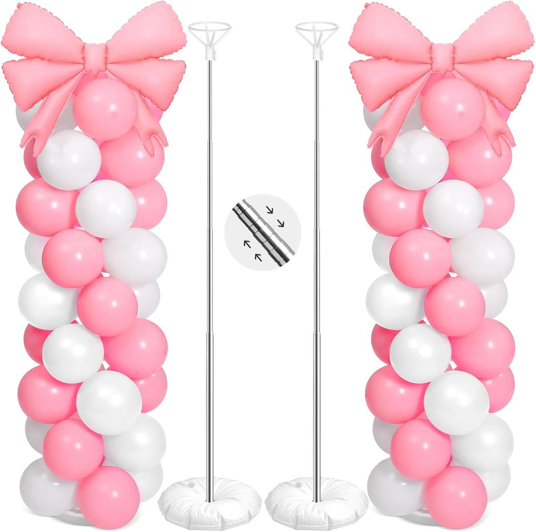 2 Sets Pink White Bow Balloon Column Stand Kit Includes 2 Bows & 100 Latex Balloons Adjustable Stands for Princess Birthday Wedding Coquette Baby Shower Party Decoration