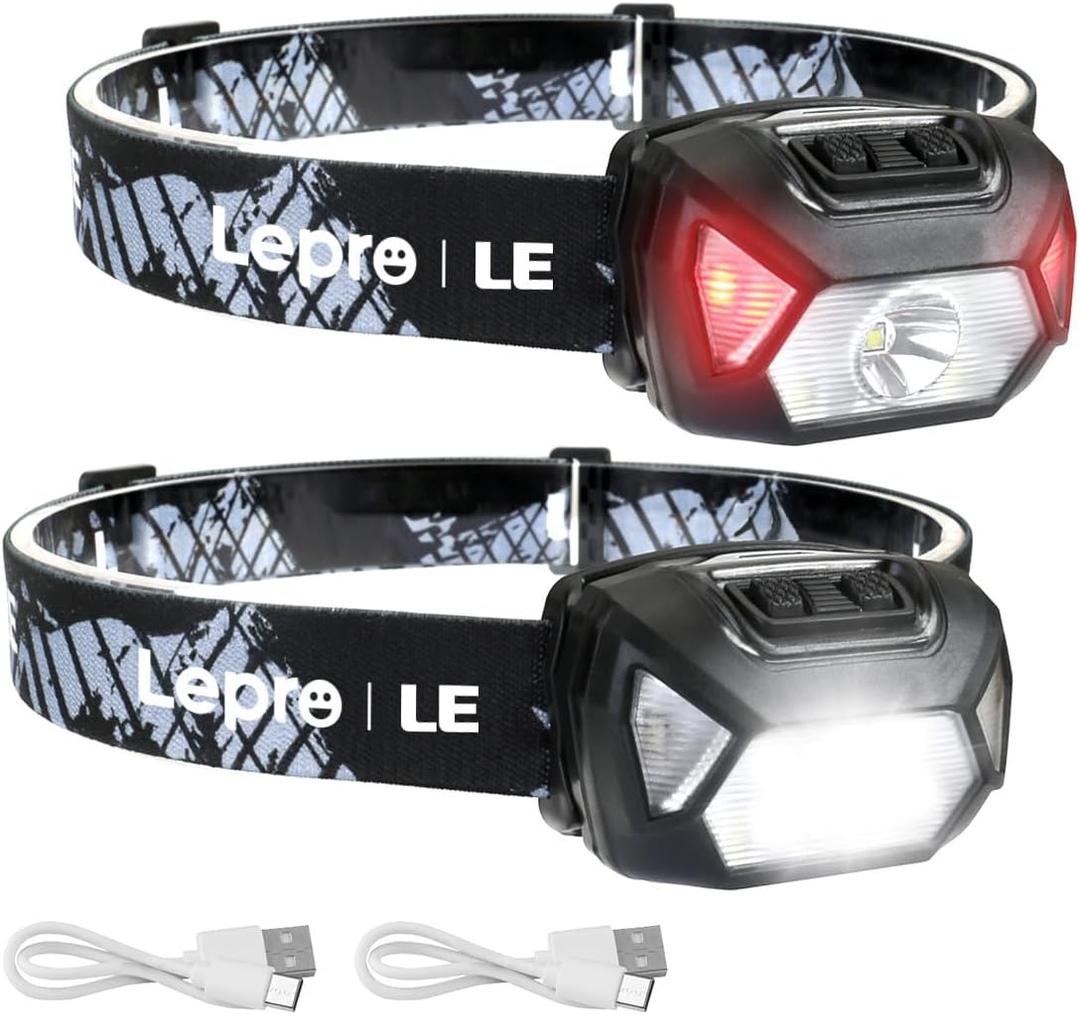 LE Headlamp Rechargeable, LED Head Lamp with 6 Modes for Camping & Hiking Gear Essentials, IPX4 Waterproof High Lumen Bright Headlight Flashlights with Adjustable Headband, USB Cable Include (Black2 Pack)