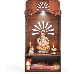 Git Kya De Pooja Mandir for Home, Wooden Temple with Storage Shelf & LED Spotlight, DIY Wall Mounted Puja Mandirs, Home Temple Devghar, Puja Stand for God Idols, Office, Shop - (21 x 11 Inches)
