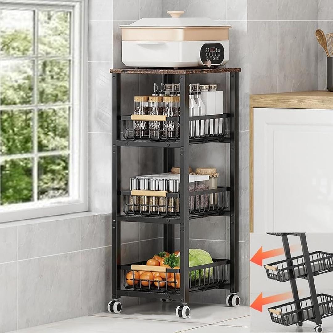 Metal Wire Baskets with Wheels, Stackable Storage Bins Kitchen Organizer Shelf, Multi Layer Fruit Vegetable Cart Dishes Seasonal Rack Freestanding with Pull Out Slide Drawer