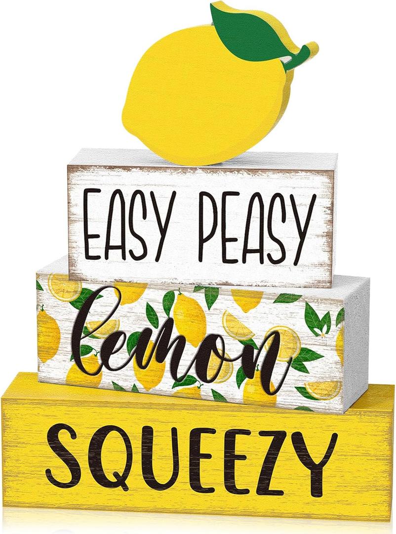 Yousoontic 4 Pcs Summer Lemon Table Decor Easy Peasy Lemon Squeezy Wooden Block Signs Farmhouse Tiered Tray Decor Rustic Table Centerpieces Summer Decorations for Home Desk Shelf Mantle Office