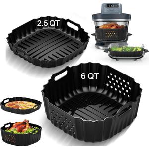 Air Fryer Accessories Silicone Liners for Ninja Crispi Pro AS101CY/AS101DG/AS101LG, Big Liner for 6 QT Glass Container & Small Liner for 2.5 QT Glass Container, 2 Pcs Reusable Non-Stick Accessories