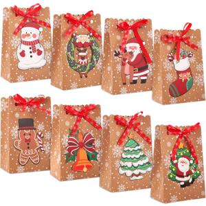 Qeeenar 48 Pcs Christmas Kraft Treat Bags Bulk Xmas Holiday Cookie Goodie Bags with Ribbon for Christmas Party Gifts Supplies, 8 Designs(Cute Style)