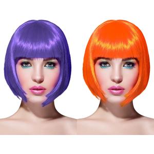 WILLBOND 2 Pieces Short Bob Hair Wigs Colorful Cosplay Costume Wig Party Hairpiece for Women Girls Daily (Orange, Purple)