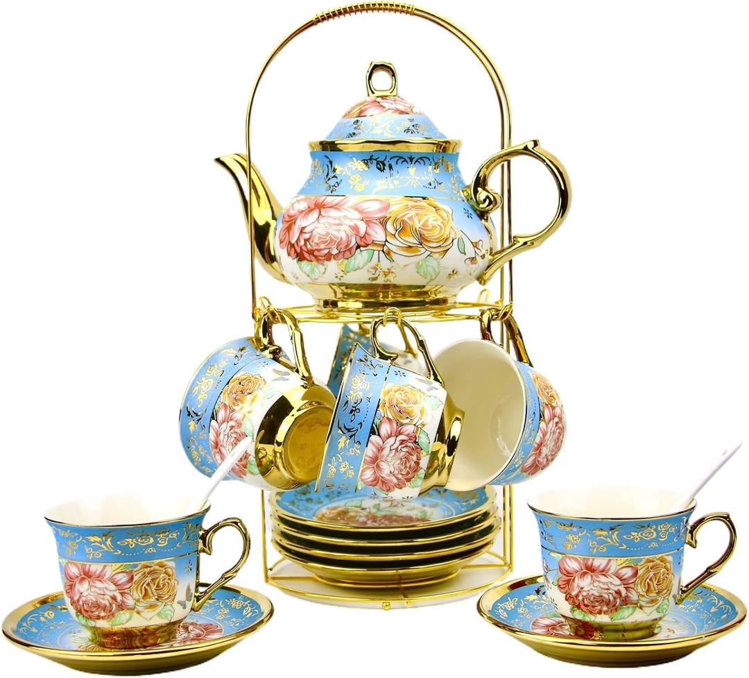 20 Pieces Porcelain Tea Set With Metal Holder, European Ceramic tea set for adults,Flower Tea Set,Tea Set For Women With Flower Painting (Large version, Sky Blue)