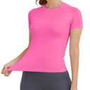 MathCat Short Sleeve Workout Tops for Women, Seamless Women's Compression Shirt, Yoga Running Athletic Shirts Soft Gym Tops Hot Pink, Large