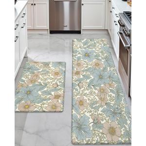 DEXI Kitchen Mats for Floor 2 Piece Set, 17x29+17x59, Cushioned Standing Mat Anti Fatigue, Waterproof Comfort Floral Padded for Laundry Room Office, Blue
