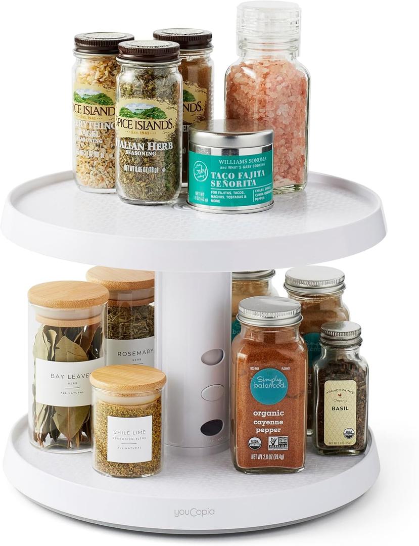 YouCopia Crazy Susan Two-Tier Turntable, Height-Adjustable Lazy Susan Organizer for Kitchen Cabinet and Pantry Organization and Storage, White