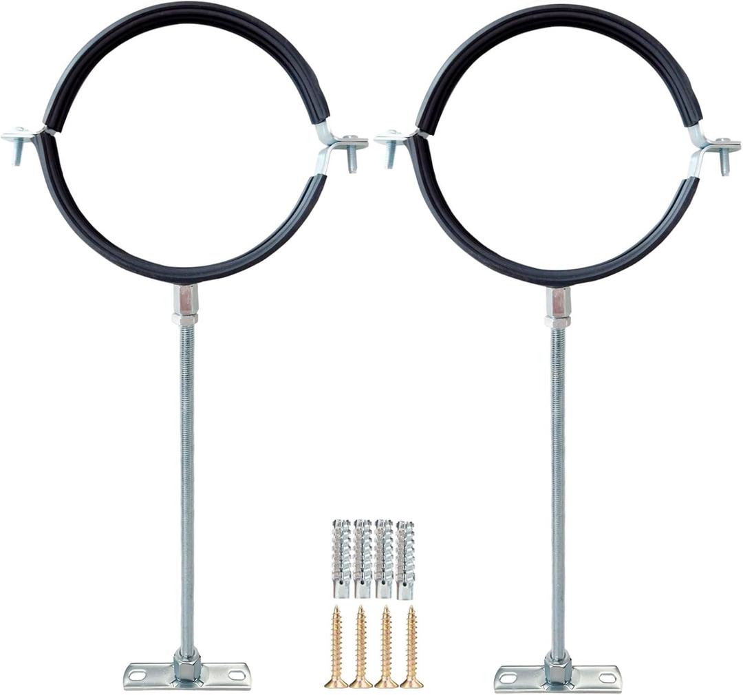 2 Sets Premium 3 Inch Adjustable Pipe Metal BracketHeavy Duty Galvanized Iron Stove Pipe Hanger StrapWall Support Chimney Round Split Ring Dryer Vent Hose Duct PVC Holderwith All Mounting Screws