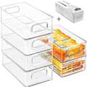 Stackable Refrigerator Organizer Bins, 6 Pack Clear Kitchen Organizer Container Bins with Handles and 20 PCS Plastic Bags for Pantry, Cabinets, Shelves, Drawer, Freezer - Food Safe, BPA Free 10"L