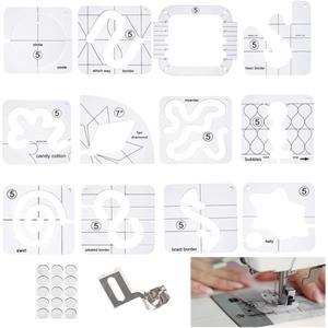 Free Motion Quilting Template,14pcs Free Motion Quilting Template Rulers Set with 11 Quilting Templates,Quilting Frame,High Shank Ruler Foot and Quilting Stickers