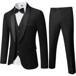 MY'S Mens 3 Piece Tuxedo Set with Bow Tie, Shawl Lapel One Button Jacket Vest & Pants, Slim Fit Suit Prom Party Wedding Tux (Black), Small