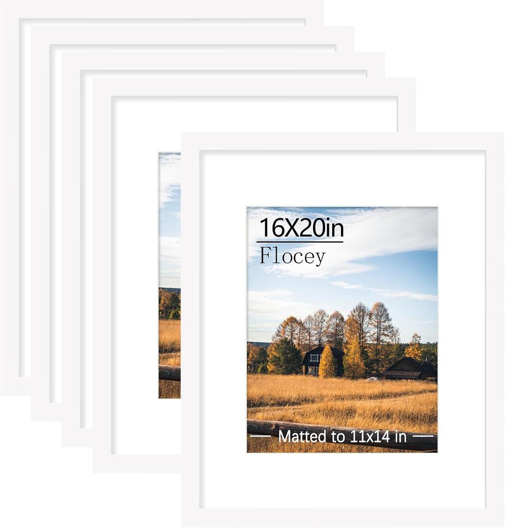 16x20 Picture Frame 5 Pack, White Poster Frame, Display Pictures 11 x 14 with Mat or 16 x 20 Without Mat for Horizontal or Vertical Wall Mounting, Wall Gallery Frame for Artwork Certificate