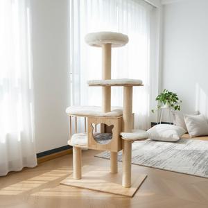 Multi-Level Pine Wood Cat Tree Tower for Indoor Large Cats  Solid Cat Condo House with Plush Beds - Sisal Scratching Posts  Sturdy Cat Furniture, 55", White