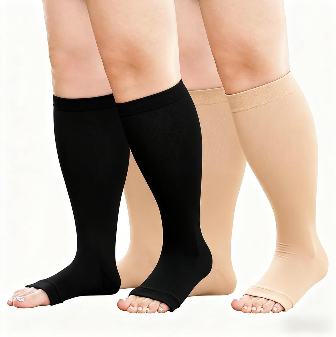 Plus Size Compression Socks: 2 Pairs Wide Calf Compression Toeless Stockings for Men Women - Open Toe 20-30 mmHg Compression Hose Support for Travel Nurses L/XL Size
