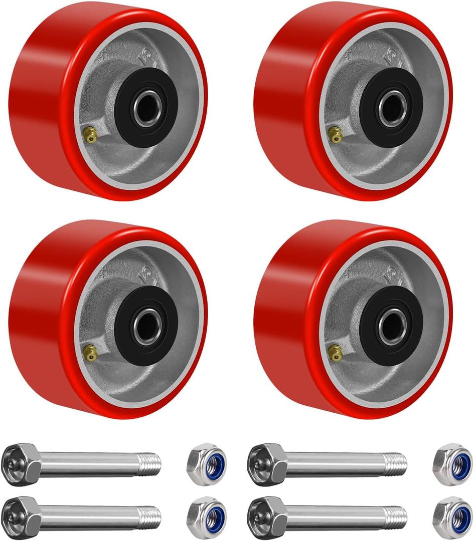 4" x 2" Caster Wheels, 1/2" Bore Axle Heavy Duty Industrial Wheels, Polyurethane on Cast Iron Wheel, Set of 4 Replacement Wheels for Cart Toolbox (4 Wheel)