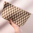SOIDRAM 2 Pieces Makeup Bag Large Checkered Cosmetic Bag Capacity Canvas Mix Travel Toiletry Bag Organizer Cute Makeup Brushes Aesthetic Accessories Storage Bag for Women, Checkered Mix Brown