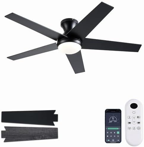Ayaoty Ceiling Fans with Lights, 48 inch Low Profile Ceiling Fan with Light and Remote Control, Flush Mount, Reversible Motor, Dimmable, Noiseless, Black Ceiling Fan for Bedroom, Indoor/Outdoor Use