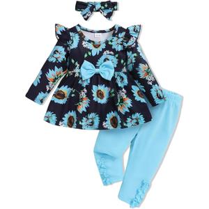 Toddler Baby Girl Clothes Infant Girl Outfits Fall Ruffle Floral T-Shirt Top Pants Set Winter Spring Clothes (18-24 Months, W-black-flow-blue)