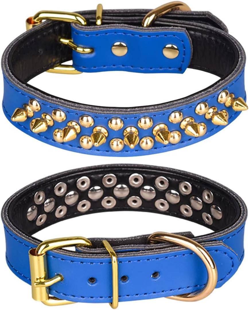 Spiked Studded Dog Collar, Genuine Leather Dog Collar, Adjustable Pet Collars for Small or Medium Pet (L, Dark Blue)
