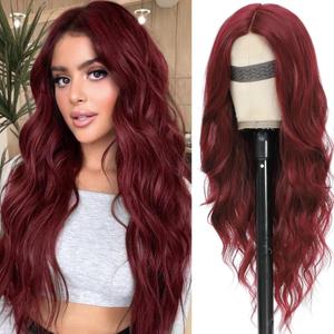 Burgundy Wig for Women, Long Red Wavy Wig Middle Part 26 Inch Red Wigs Natural Looking Heat Resistant Synthetic Wigs for Daily Party Use