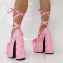Platform Heels Chunky Bow Ribbon Pumps (Pink) 