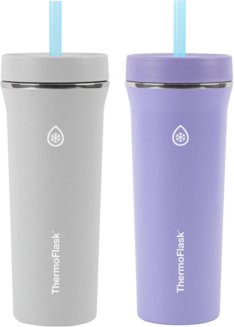 ThermoFlask Tumbler - BPA-Free Water Tumblers - Durable, Reusable Tumblers with Plastic Lids & Straws - Travel Water Container with Temp-Lock Technology - 32 oz, Purple/Grey (2 Pack)