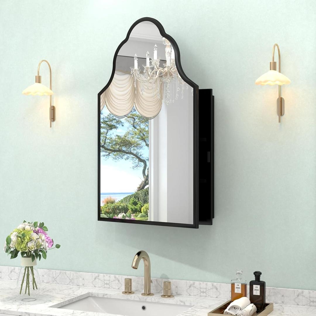 20"x32" Irregular Medicine Cabinet with Mirror, Recessed or Surface Mount Black Arched Medicine Cabinet for Bathroom, Artistic Decorative Mirror with Storage, Full Metal, Easy Installation