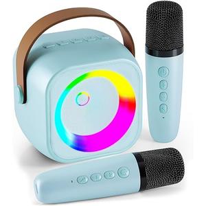 Mini Karaoke Machine, Portable Bluetooth Karaoke Speaker with 2 Wireless Microphones and Party Lights for Kids and Adults, Birthday Gifts for Girls Boys Family Home Party (Blue)