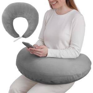 Gray U-Shaped Reading Pillow, 23.6 x 21.7 in Lap Support Pillow with Adjustable Strap, Crescent Design, PP Cotton Filling, Reading, Gaming, Arm, Back Support