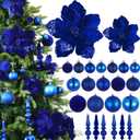 Janinka 36 Pack Christmas Poinsettia Flowers Decoration Set Include 12 Pcs Artificial Glitter Poinsettia, 24 Pcs Hanging Christmas Balls and Teardrop Ornaments for Xmas Holiday Decor(Navy Blue)