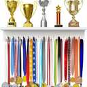 EVERMORE Medal Display Hanger with Shelf, White 24 inches, Trophy Display Rack, 32 Gold Hooks, Wall Mounted, Sports Award Organizer